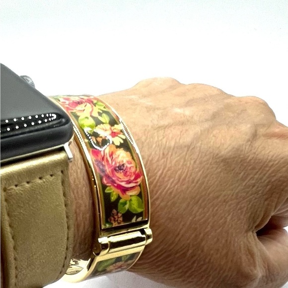 Vera Bradley Enamel English Rose Floral Hinged Gold Tone Bangle Bracelet Pink - Picture 7 of 8